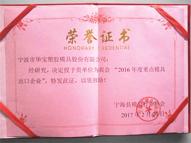 Huabao won the Ninghai Mould Industry Association ＂2016 key mold export enterprises＂